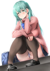  ass bag black_footwear black_skirt black_thighhighs blush cardigan collared_shirt female green_eyes green_hair grey_panties grin hair_between_eyes hair_ornament hairclip highres kantai_collection kuon_(break_through) long_hair long_sleeves official_alternate_costume panties pantyshot pink_cardigan pleated_skirt school_bag shirt shoes simple_background skirt smile solo suzuya_(kancolle) thighhighs underwear white_background white_shirt 