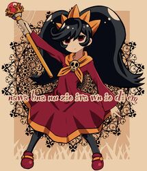  ashley_(warioware) backwards_text batchgooya black_hair black_pantyhose brown_background commentary dress female full_body hairband highres holding holding_wand long_hair long_sleeves looking_at_viewer orange_hairband pantyhose red_dress red_eyes red_footwear skull solo tiara twintails very_long_hair wand warioware witch 