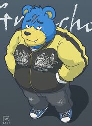  2021 animal_crossing anthro bear blue_body blue_fur bottomwear clothing cute_fangs fur goyemon_k groucho_(animal_crossing) hi_res kemono male mammal nintendo overweight overweight_anthro overweight_male pants scar solo 