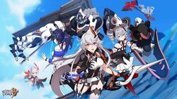  5girls asymmetrical_gloves bare_shoulders black_choker black_gloves black_hair black_legwear blood_embrace blue_eyes breasts bronya_zaychik bronya_zaychik_(drive_kometa) bronya_zaychik_(yamabuki_armor) choker copyright_name day detached_sleeves drill_hair gauntlets gloves grey_eyes grey_hair highleg highres holding holding_sword holding_weapon honkai_(series) honkai_impact_3rd jingwei&#039;s_wings kiana_kaslana kiana_kaslana_(void_drifter) logo long_hair long_sleeves looking_at_another looking_at_viewer medium_breasts multiple_girls official_art open_mouth orange_bracelet project_bunny raiden_mei raiden_mei_(striker_fulminata) red_thighhighs robot second-party_source short_sleeves single_thighhigh sword thigh_strap thighhighs weapon white_hair yellow_eyes 