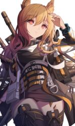  animal_ears arknights arm_at_side arm_up backpack bag belt belt_buckle black_ribbon buckle ceobe_(arknights) chains closed_mouth collar commentary dog_ears dress eyes_visible_through_hair female from_below hair_down highres light_brown_hair light_smile long_hair long_sleeves looking_afar pouch red_eyes ribbon shading_eyes short_dress simple_background solo strap stratoz thighhighs weapon white_background 