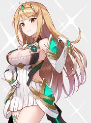  .com_(bot_com1) bare_legs bare_shoulders blonde_hair breasts chest_jewel cleavage_cutout clothing_cutout crossed_arms dress earrings elbow_gloves female gem gloves headpiece highres jewelry large_breasts long_hair looking_at_viewer mythra_(xenoblade) short_dress smile solo swept_bangs thigh_strap tiara very_long_hair white_dress white_footwear white_gloves xenoblade_chronicles_(series) xenoblade_chronicles_2 yellow_eyes 