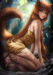  axsen banned_artist breasts brown_eyes brown_hair female forest from_side highres kneeling long_hair looking_at_viewer medium_breasts naked_towel nature outdoors parted_lips raccoon_girl raphtalia signature solo straight_hair tate_no_yuusha_no_nariagari towel very_long_hair watermark 