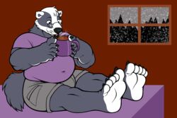  3:2 anthro badger bed container cup drinking eyewear fetishame foot_hands furniture glasses hi_res holding_object inside male mammal mug mustelid musteline slightly_chubby slightly_chubby_male snow solo steam window winter 