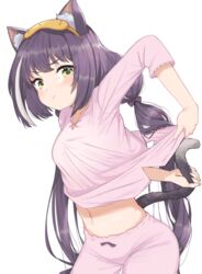  :/ animal_ear_fluff animal_ears black_hair blush cat_ears cat_girl cat_tail closed_mouth clothes_lift clothing_cutout commentary eye_mask female green_eyes highres holding_own_tail inconvenient_tail karyl_(princess_connect!) leaning_forward lifting_own_clothes long_hair low_twintails multicolored_hair navel niizuka_(c-drop) pajamas pants pink_pajamas pink_pants pink_shirt pout princess_connect! shirt shirt_lift simple_background sleep_mask solo streaked_hair tail tail_through_clothes twintails very_long_hair white_background white_hair 