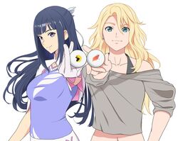  2girls absurdres amawashi_aoi ball bare_shoulders birdie_wing:_golf_girls&#039;_story black_hair blonde_hair blue_eyes blunt_bangs commentary_request eve_(birdie_wing) gloves golf_ball highres holding holding_ball holding_golf_ball looking_at_viewer midriff multiple_girls navel pac-man purple_eyes sidelocks smile sosona 