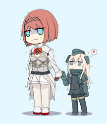  2girls :i ark_royal_(kancolle) belt blonde_hair blue_eyes blush bob_cut bow bowtie breasts chibi cleavage_cutout closed_mouth clothes_grab clothing_cutout commentary_request corset cropped_jacket flower garrison_cap hairband hat heart highres jacket jitome kantai_collection long_hair long_sleeves military multiple_girls neck_flower open_clothes open_jacket overskirt pantyhose puffy_long_sleeves puffy_sleeves red_bow red_bowtie red_flower red_hair red_rose rose shaded_face shadow short_hair shorts sleeve_grab sparkle standing swimsuit swimsuit_under_clothes tiara traumatized trembling u-511_(kancolle) white_corset white_jacket white_legwear white_shorts yakuto007 