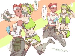  2girls ^_^ animification apex_legends arm_tattoo black_gloves black_pants blue_gloves breasts brown_eyes closed_eyes dark-skinned_female dark_skin double_bun fingerless_gloves freckles genderswap_(mtf) gloves goggles goggles_on_head green_eyes green_hair hair_bun hug hug_from_behind kogane_mushi lifeline_(apex_legends) mask mechanical_legs medium_breasts midriff mouth_mask multiple_girls navel octane_(apex_legends) pants red_hair rule_63 short_hair small_breasts smile tattoo 