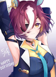  absurdres animal_ears armpits black_vest blue_necktie breasts brown_hair dated detached_sleeves ear_ornament eyepatch female gradient_background hair_over_one_eye happy_birthday highres horse_ears horse_girl jewelry long_sleeves looking_at_viewer medium_breasts necklace necktie pitsugi short_hair solo tanino_gimlet_(umamusume) umamusume vest yellow_eyes 