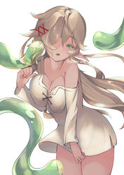  :o blonde_hair breasts colored_eyelashes commentary_request elf female genderswap_(mtf) green_eyes hair_ornament hair_over_one_eye highres ishuzoku_reviewers large_breasts long_hair lymee monidare monster_girl pointy_ears rule_63 slime_(substance) slime_girl solo tentacle x_hair_ornament zel_(ishuzoku_reviewers) zellie 