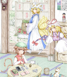  3girls animal_ears animal_hat artistic_error basket bird blonde_hair book brown_hair calendar_(object) calligraphy_brush cat_ears cat_tail cat_teaser character_doll chen clock commentary_request cup dress ears_down eurasian_tree_sparrow feline finger_to_face flower fox_tail gap_(touhou) grass hat hat_ribbon head_rest herb_bundle highres holding holding_basket indoors inkwell kokeshi long_hair looking_at_another mob_cap multiple_girls multiple_tails newspaper_stack ofuda open_book open_door paintbrush planter red_eyes red_vest ribbon rock shirt short_hair sleeves_past_fingers sleeves_past_wrists smile sparrow standing tabard table tail tatami touhou tree upper_body very_long_hair vest white_dress white_shirt writing yakumo_ran yakumo_yukari yatadera_narumi yellow_eyes ys_(ytoskyoku-57) yunomi 