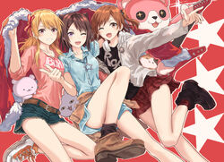  3girls :3 ;d aijou_karen aimoto_rinku arm_up bad_id bad_twitter_id bang_dream! bare_legs belt belt_buckle black_bow black_footwear black_shirt black_socks blonde_hair blue_shirt blue_skirt blush bow breasts brown_belt brown_eyes brown_footwear brown_hair buckle bullfalk bushiroad buttons clothes_around_waist clothes_writing collarbone collared_shirt commentary_request company_connection cone_hair_bun convenient_leg crossover cutoffs d4dj denim denim_skirt double_bun electric_guitar finger_gun foot_out_of_frame fur-trimmed_jacket fur_trim grin guitar hair_bun hair_ornament hair_ribbon hairbow hand_up hands_up headphones headphones_around_neck highres holding holding_clothes holding_jacket hood hood_down hooded_jacket instrument jacket jewelry knee_up leg_up long_hair long_shirt long_sleeves looking_at_viewer medium_breasts michelle_(bang_dream!) miniskirt multiple_crossover multiple_girls necklace nyochio_(d4dj) one_eye_closed one_side_up open_clothes open_jacket open_mouth orange_footwear orange_hair outstretched_arm parted_lips pendant pink_eyes pink_shirt plaid plaid_skirt plaid_socks pleated_skirt protected_link purple_eyes red_background red_jacket red_ribbon red_skirt red_socks ribbon shirt shoe_soles shoes short_hair short_sleeves shoujo_kageki_revue_starlight side-by-side skirt sleeves_past_elbows smile sneakers socks sparkle star_(symbol) star_hair_ornament star_necklace starry_background striped striped_ribbon stuffed_animal stuffed_cat stuffed_toy swept_bangs teddy_bear teeth toyama_kasumi two-tone_footwear unworn_jacket upper_teeth_only v-shaped_eyebrows white_footwear white_jacket 