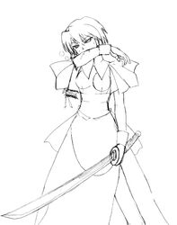  amputee artist_request dress female greyscale holding holding_sword holding_weapon kotonomiya_yuki long_sleeves maid monochrome mouth_hold photoshop_(medium) severed_arm severed_limb short_hair simple_background solo standing suigetsu sword weapon white_background yami_yuki 