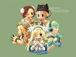  2boys 3girls ;d alternate_color armor bard_(ragnarok_online) between_fingers black_bra blonde_hair blue_cape blue_eyes blush book bra breastplate breasts brooch brown_capelet brown_hair bun_cover cape capelet chibi chibi_only cleavage closed_mouth coat copyright_name crusader_(ragnarok_online) dagger deviruchi_hat double_bun eyes_visible_through_hair facial_mark fur-trimmed_jacket fur_trim gauntlets glasses green_background green_capelet green_eyes green_hair green_shirt hair_between_eyes hair_bun hair_ornament hair_over_one_eye hat head_wings headphones holding holding_book holding_dagger holding_instrument holding_knife holding_weapon hood hooded_coat horns instrument jacket jewelry knife long_hair looking_at_viewer lute_(instrument) mil_(xration) monk_(ragnarok_online) multiple_boys multiple_girls one_eye_closed open_clothes open_jacket open_mouth own_hands_together pauldrons pointing pointing_at_viewer purple_eyes ragnarok_online rogue_(ragnarok_online) round_eyewear sage_(ragnarok_online) scar shirt short_hair short_sleeves shoulder_armor simple_background skull small_breasts smile smiley_face striped_capelet throwing_knife underwear upper_body weapon white_coat wings x_hair_ornament yellow_eyes 