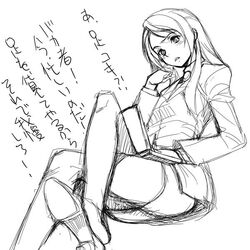  akaga_hirotaka angry blush business_suit computer crossed_legs female formal greyscale head_rest head_tilt high_heels jacket jewelry laptop legs long_hair long_sleeves menori miniskirt monochrome mujin_wakusei_survive pencil_skirt shoe_dangle shoes sitting sketch skirt skirt_suit solo suit translation_request 