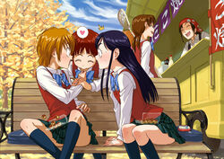  4girls bench blue_bow bow brown_hair food fujita_akane futari_wa_precure kubota_shiho lacrosse long_hair long_sleeves misumi_nagisa multiple_girls naruko_hanaharu orange_hair outdoors precure purple_hair red_hair school_uniform short_hair socks takashimizu_rina takoyaki verone_gakuin_school_uniform yukishiro_honoka 