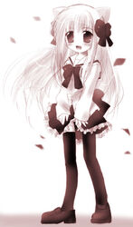  :d animal_ears blush bow bowtie cat_ears female full_body hairbow long_hair monochrome open_mouth otoki_raku petals pita_ten school_uniform skirt smile solo standing thighhighs uematsu_koboshi 