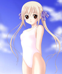  bad_id blonde_hair brown_eyes cloud day female hatsukoi kakesu long_hair one-piece_swimsuit shiina_yusumi sky solo swimsuit twintails 