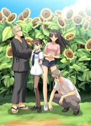  2boys 2girls black_hair blush brown_eyes brown_hair closed_eyes crossed_arms cutoffs day denim denim_shorts dress feet flower glasses grass grey_hair japanese_clothes long_hair long_sleeves midriff mizushima_asa multiple_boys multiple_girls outdoors own_hands_clasped own_hands_together panties pantyhose sailor_dress saisho_hajime sandals shirt shoes short_hair short_shorts shorts smile sneakers sora_no_iro_mizu_no_iro sorayama_natsume squatting sunflower t-shirt tony_taka twintails unbuttoned underwear unno_juuzou white_panties yellow_flower zouri 