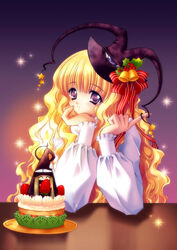  2girls blonde_hair cake carnelian food fruit hat head_rest highres kogechibi light_smile lilith_(yamibou) long_hair long_sleeves multiple_girls pastry purple_eyes smile strawberry sweatdrop very_long_hair wavy_hair witch_hat yami_to_boushi_to_hon_no_tabibito 