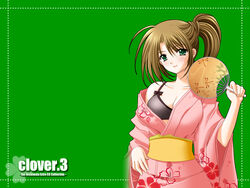  animal_print artist_name black_bra blush bow bow_bra bra breasts brown_hair bug cleavage clover_(game_cg) copyright_name dragonfly dragonfly_print female floral_print green_background green_eyes hand_fan hand_on_own_hip highres holding holding_fan japanese_clothes kimono large_breasts looking_at_viewer nishimata_aoi obi off_shoulder paper_fan pink_kimono sash side_ponytail simple_background smile solo uchiwa underwear yukata 