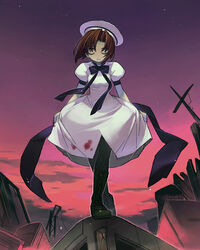  beret black_bow black_bowtie black_footwear black_pantyhose blood blood_on_clothes boots bow bowing bowtie breasts brown_hair closed_eyes closed_mouth cross cross-laced_footwear crossed_legs curtsey dress evening facing_viewer female full_body hat higurashi_no_naku_koro_ni kizaki_(volvox) lace-up_boots leaning_forward light_smile outdoors pantyhose parted_bangs puffy_short_sleeves puffy_sleeves purple_sky red_sky ribbon ryuuguu_rena short_hair short_sleeves skirt_hold sky small_breasts smile solo standing twilight watson_cross white_dress white_hat 