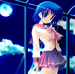  blue_eyes blue_hair blush bow female full_moon long_sleeves miniskirt moon night onsokuzekuu photoshop_(medium) pink_bow pleated_skirt school_uniform serafuku short_hair skirt sky solo standing to_heart_(series) to_heart_2 tonami_yuma window 