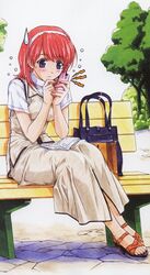  bag bench blush book cellphone feet female full_body grey_shirt hairband handbag hasegawa_akemi hasumi_elan high_heels highres holding holding_phone legs_together lightning_bolt_symbol long_skirt nervous outdoors pavement phone pia_carrot_(series) pia_carrot_e_youkoso!!_3 purple_eyes red_hair sandals shirt short_sleeves sitting skirt skirt_set sky solo source_request sweatdrop toes tree vest wavy_mouth white_sky 