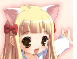  :d akiba_hideki animal_ears blonde_hair brown_eyes cat_ears female hair_ribbon long_hair long_sleeves open_mouth pita_ten ribbon smile solo uematsu_koboshi 