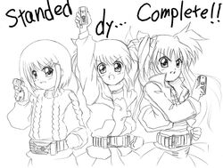  3girls artist_request clenched_hand english_text engrish_text fate_testarossa greyscale hair_ornament henshin jacket kamen_rider kamen_rider_555 kamen_rider_delta kamen_rider_faiz kamen_rider_kaixa long_sleeves lyrical_nanoha mahou_shoujo_lyrical_nanoha mahou_shoujo_lyrical_nanoha_a&#039;s monochrome multiple_girls open_clothes open_jacket parody ranguage takamachi_nanoha twintails x_hair_ornament yagami_hayate 