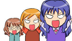  3girls arms_up artist_request azumanga_daiou blue_hair bonklers brooch brown_hair chibi chibi_only close-up glasses heart heart_brooch jewelry lineup long_hair long_sleeves luna_(mujin_wakusei_survive) menori mujin_wakusei_survive multiple_girls o_o open_mouth orange_hair outstretched_arms parody photoshop_(medium) purple_sweater_vest raglan_sleeves sharla_(mujin_wakusei_survive) short_hair spread_arms sweater_vest white_eyes 