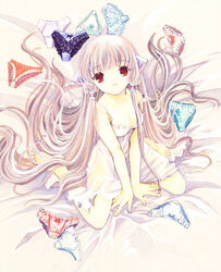  aqua_panties bare_arms barefoot bed bed_sheet between_legs blonde_hair blue_panties bow bow_panties chemise chii chobits clamp_(circle) female from_above hair_tubes hand_between_legs lace lace-trimmed_panties lace_trim long_hair looking_at_viewer looking_up multiple_panties orange_panties panties red_eyes see-through sitting smile solo strap_slip underwear v_arms very_long_hair wariza white_chemise white_panties 