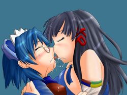  2girls 2k-tan artist_request blush breasts closed_eyes covered_nipples exif_thumbnail_surprise eyelashes french_kiss french_text glasses hair_ornament kissing large_breasts letter_hair_ornament multiple_girls os-tan saliva saliva_trail x_hair_ornament xp-tan yuri 