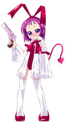  artist_request bare_shoulders cosplay disgaea female flonne flonne_(cosplay) flonne_(fallen_angel) gun handgun holding holding_gun holding_weapon leotard long_sleeves makai_senki_disgaea ojamajo_doremi purple_eyes purple_hair red_leotard revolver segawa_onpu short_hair smile solo tail thighhighs weapon 