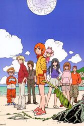  3girls 4boys artist_request beach bell_(mujin_wakusei_survive) black_hair blonde_hair boots brown_hair carrying chako_(mujin_wakusei_survive) cloud computer crossed_arms day everyone furry glasses hand_on_own_hip hands_in_pockets hood hoodie howard_(mujin_wakusei_survive) jacket kaoru_(mujin_wakusei_survive) laptop leaf lineup long_hair luna_(mujin_wakusei_survive) menori mujin_wakusei_survive multiple_boys multiple_girls no_socks orange_hair outdoors pants piggyback plant pleated_skirt purple_sweater_vest sharla_(mujin_wakusei_survive) shingo_(mujin_wakusei_survive) shoes short_hair shorts signature skirt sky sleeves_pushed_up smile sneakers sweater_vest torn_clothes vest vines water wavy_hair wind wristband 