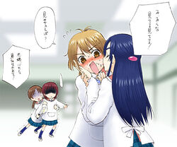  4girls brown_eyes brown_hair futari_wa_precure jealous knife kubota_shiho licking long_hair long_sleeves minakata_sunao misumi_nagisa multiple_girls precure purple_hair red_hair school_uniform shaded_face short_hair takashimizu_rina translated yandere yukishiro_honoka yuri 