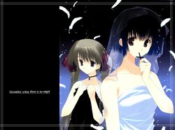  2girls asou_asuna bare_shoulders black_hair brown_hair choker collarbone cross cross_choker cross_necklace dress feathers hair_ribbon holding holding_cross jewelry looking_at_viewer mitsumi_misato mouth_hold multiple_girls necklace night night_sky pendant red_eyes ribbon see-through short_hair sky star_(sky) starry_sky strapless strapless_dress sumadera_yukio tenshi_no_inai_12-gatsu twintails upper_body veil white_dress white_feathers 