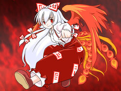  bow female fiery_wings fire fujiwara_no_mokou full_body hairbow long_hair long_sleeves looking_at_viewer pants photoshop_(medium) red_eyes red_pants ribbon shaomin shirt shoes smile solo suspenders tail touhou white_hair white_shirt wings 