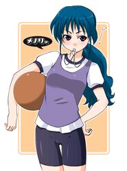  anji ass_visible_through_thighs ball bike_shorts black_shorts blue_hair blush breasts cowboy_shot eyebrows_hidden_by_hair female gym_uniform hand_on_own_hip holding holding_ball long_hair low_ponytail menori mujin_wakusei_survive puffy_short_sleeves puffy_sleeves purple_tank_top shirt short_sleeves shorts small_breasts solo sportswear t-shirt tank_top thigh_gap whistle whistle_around_neck white_shirt 