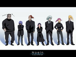  3boys 3girls artist_request atori_(noein) blonde_hair everyone formal fukurou_(noein) ghost_in_the_shell ghost_in_the_shell_lineup ghost_in_the_shell_stand_alone_complex highres isuka_(noein) kaminogi_haruka karasu_(noein) kosagi letterboxed lineup long_sleeves multiple_boys multiple_girls noein parody suit tobi_(noein) 