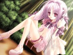  animal_ears farfa female flat_chest game_cg light_purple_hair magical_tale midriff nature navel purple_eyes purple_hair rabbit_ears ribbon sarashi short_hair sitting solo swing tinker_bell_(pixiv_10956015) 