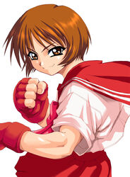  &gt;:) artist_request brown_eyes brown_hair clenched_hand female fingerless_gloves gloves looking_at_viewer nagaoka_shiho parody pleated_skirt red_skirt simple_background skirt smile solo standing street_fighter to_heart to_heart_(series) upper_body v-shaped_eyebrows white_background 