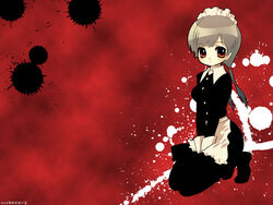  brown_hair female long_sleeves maid original paint_splatter pantyhose red_background red_eyes solo suzuki_kokono 