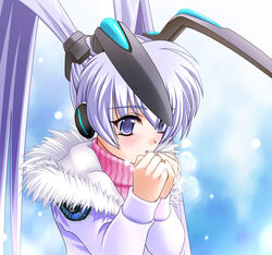  aizawa_kotarou animal_ears blue_hair blush breath coat earmuffs female fur-trimmed_hood fur_trim hood long_hair long_sleeves looking_down mechanical_ears muv-luv pink_sweater purple_eyes purple_hair rabbit_ears ribbed_sweater sad_girl_in_snow snow snowflakes snowing solo sweater twintails warming_hands winter winter_clothes winter_coat yashiro_kasumi 