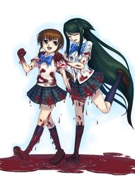  2girls artist_request blood blood_drip blood_on_clothes blood_on_face blood_on_feet blood_on_hands brown_eyes brown_hair closed_eyes cosplay futaba_channel futari_wa_precure green_hair guro_cure kurame kusari_hime:_euthanasia long_hair multiple_girls parody pool_of_blood precure saya_(saya_no_uta) saya_no_uta school_uniform shoulder_grab sidelocks source_request standing standing_on_one_leg verone_gakuin_school_uniform very_long_hair 