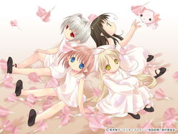  4girls ahoge binzume_yousei blonde_hair blue_eyes brown_hair chiriri dress flower from_above full_body grey_hair hair_intakes hat hororo knees_to_chest kururu long_hair long_sleeves looking_at_viewer looking_up multiple_girls oboro_(binzume_yousei) petals red_eyes sarara sitting sundress tokumi_yuiko very_long_hair white_dress 