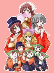  4girls :d :o ;) artist_request blonde_hair blush bow bucket chibi chibi_only clock covering_own_mouth drum drumsticks floral_print flute green_eyes hand_fan hat hat_bow head_scarf heterochromia hinaichigo holding hood instrument japanese_clothes jissouseki long_sleeves looking_at_viewer multiple_girls one_eye_closed open_mouth photoshop_(medium) pink_background pink_bow porkpie_hat rozen_maiden simple_background smile souseiseki sticks suigintou suiseiseki sweatdrop teapot top_hat 