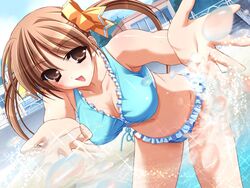  bikini blue_bikini breasts brown_eyes brown_hair cleavage day female game_cg kunugi_ayano large_breasts murakami_suigun pia_carrot_(series) pia_carrot_e_youkoso!!_g.o. solo swimsuit twintails 