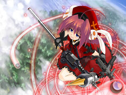  ahoge alternate_weapon beret blue_eyes cloud cropped_jacket day dress dual_wielding excel_(gewalt) female flying foregrip forest frilled_dress frills from_above german_text gloves graf_eisen gun hair_ornament hammer hat holding jacket lolita_fashion long_skirt lyrical_nanoha magic_circle magical_girl mahou_shoujo_lyrical_nanoha mahou_shoujo_lyrical_nanoha_a&#039;s nature open_clothes open_jacket outdoors pink_hair rabbit_hair_ornament red_dress red_hair red_hat skirt solo spectre_m4 submachine_gun vertical_foregrip vita_(nanoha) weapon 