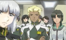  6+boys :d anime_screenshot black_eyes black_hair blonde_hair blunt_bangs bob_cut ceiling close-up crossed_arms crossover dark_skin dearka_elsman expressionless female frown grey_eyes grey_hair gundam gundam_seed gundam_seed_destiny hair_between_eyes hair_ribbon imageboard_desourced indoors jpeg_artifacts kage_kara_mamoru! lights looking_away mapputatsu_tsubaki military military_uniform multiple_boys necktie non-web_source open_mouth parted_bangs ponytail ribbon school_uniform serafuku shirt short_hair sidelocks smile third-party_edit turtleneck uniform upper_body yzak_joule 